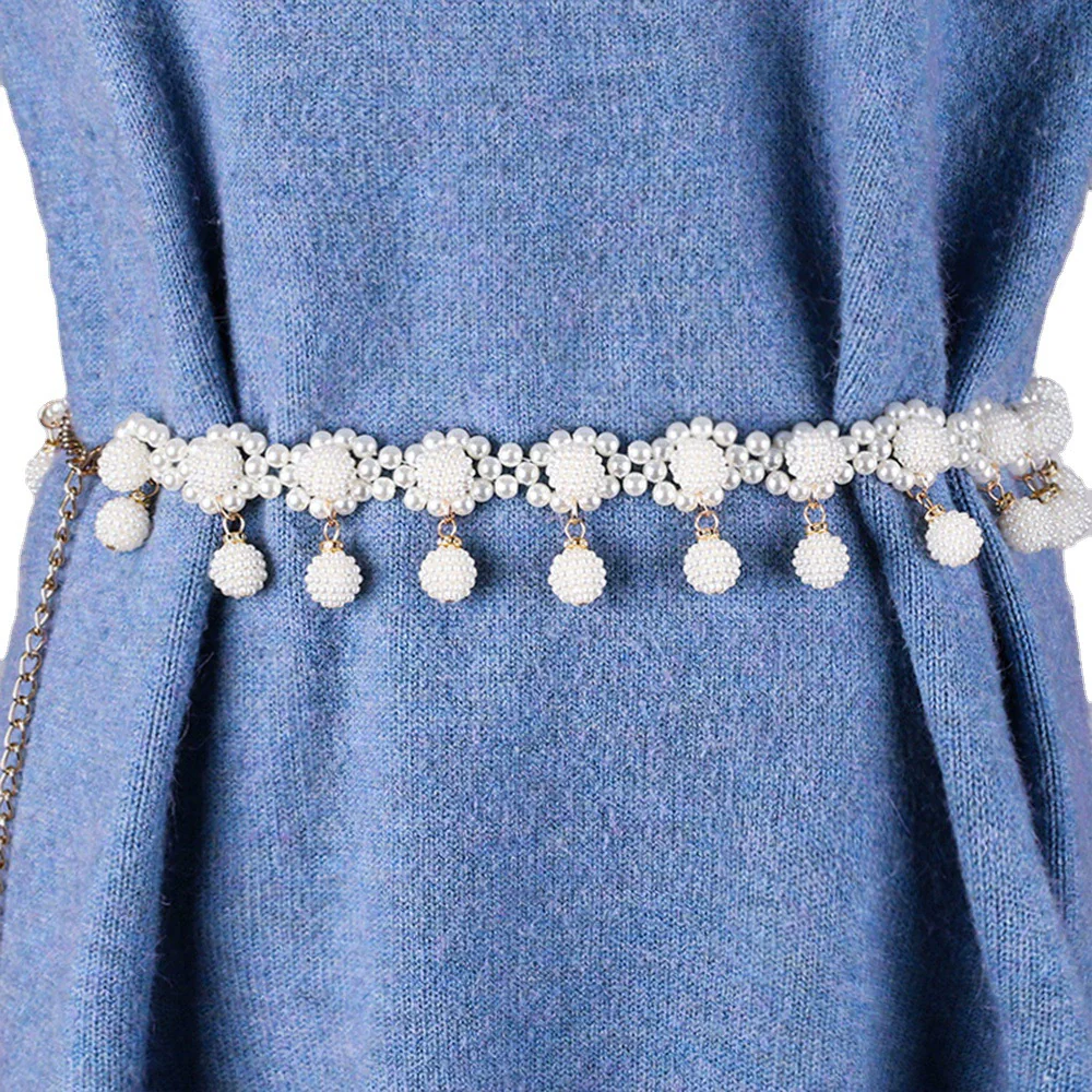 Women's Sweet Flower Shape Pearl Chain Belt Handmade Beaded Metal Dress Waist Chain - Image 5
