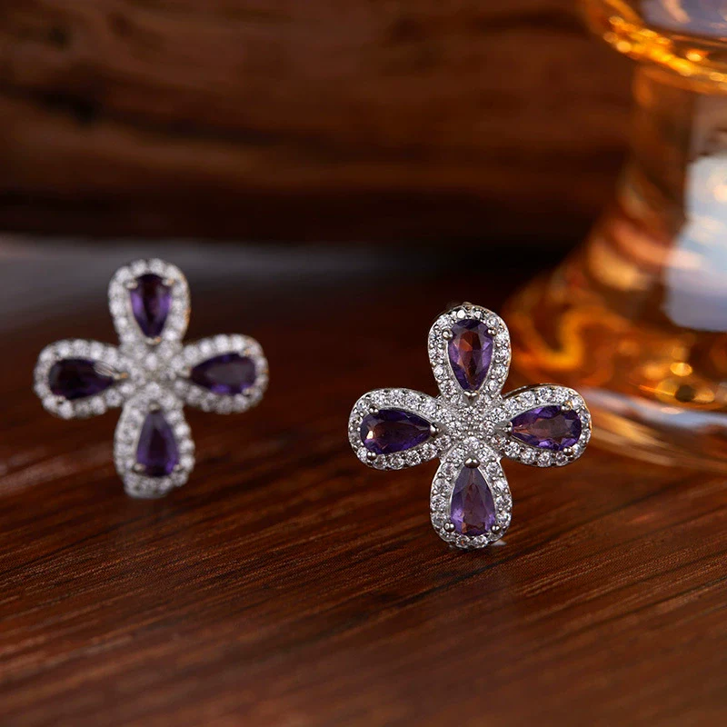 Women's Sweet Style S925 Sterling Silver Inlaid Crystal Four Leaf Flower Stud Earrings - Image 2