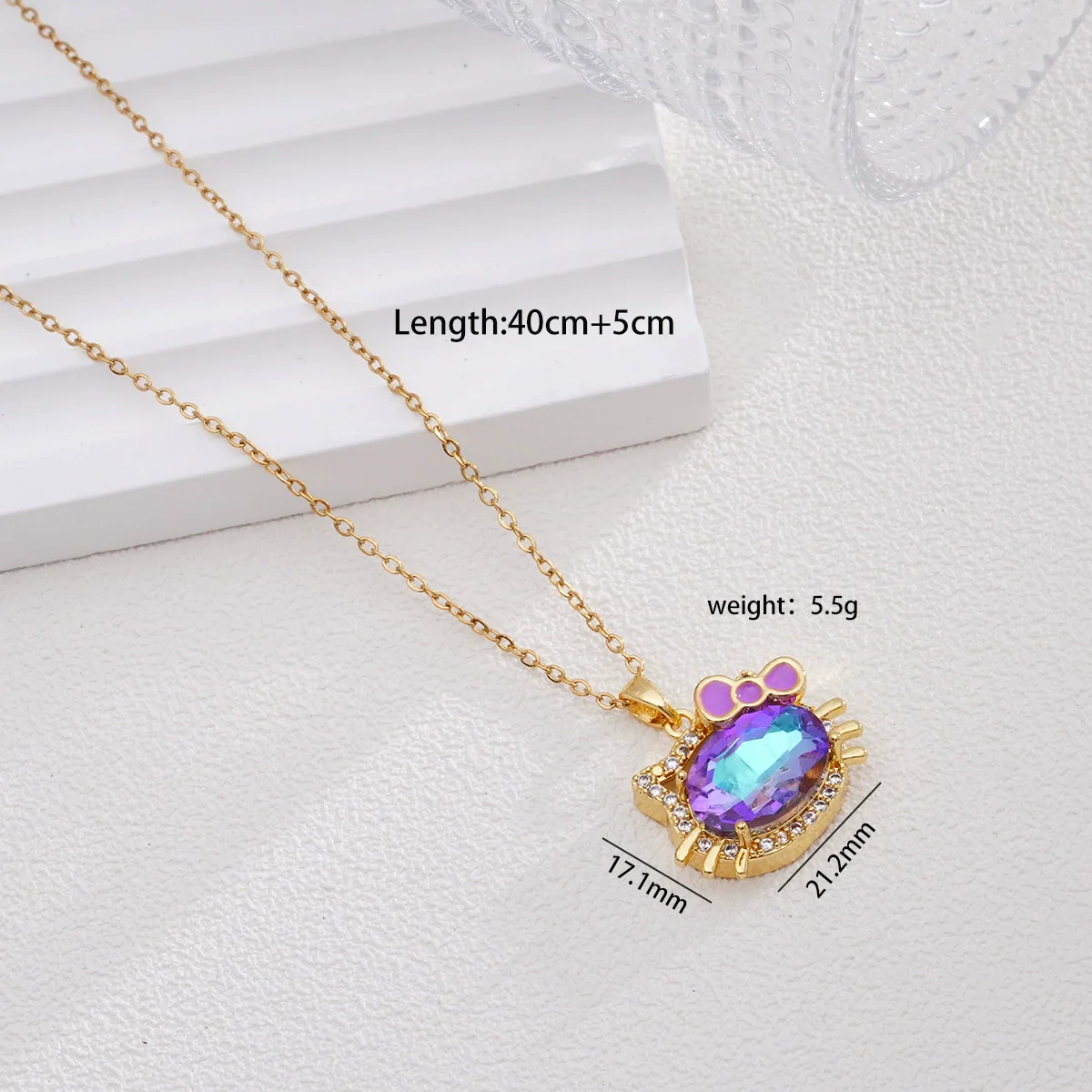 Women's Titanium Steel And Copper Necklace With 18K Gold Plated Ktm Cat Cartoon Pendant And Mixed Gemstone Inlay Electroplated O Chain Style - Image 7