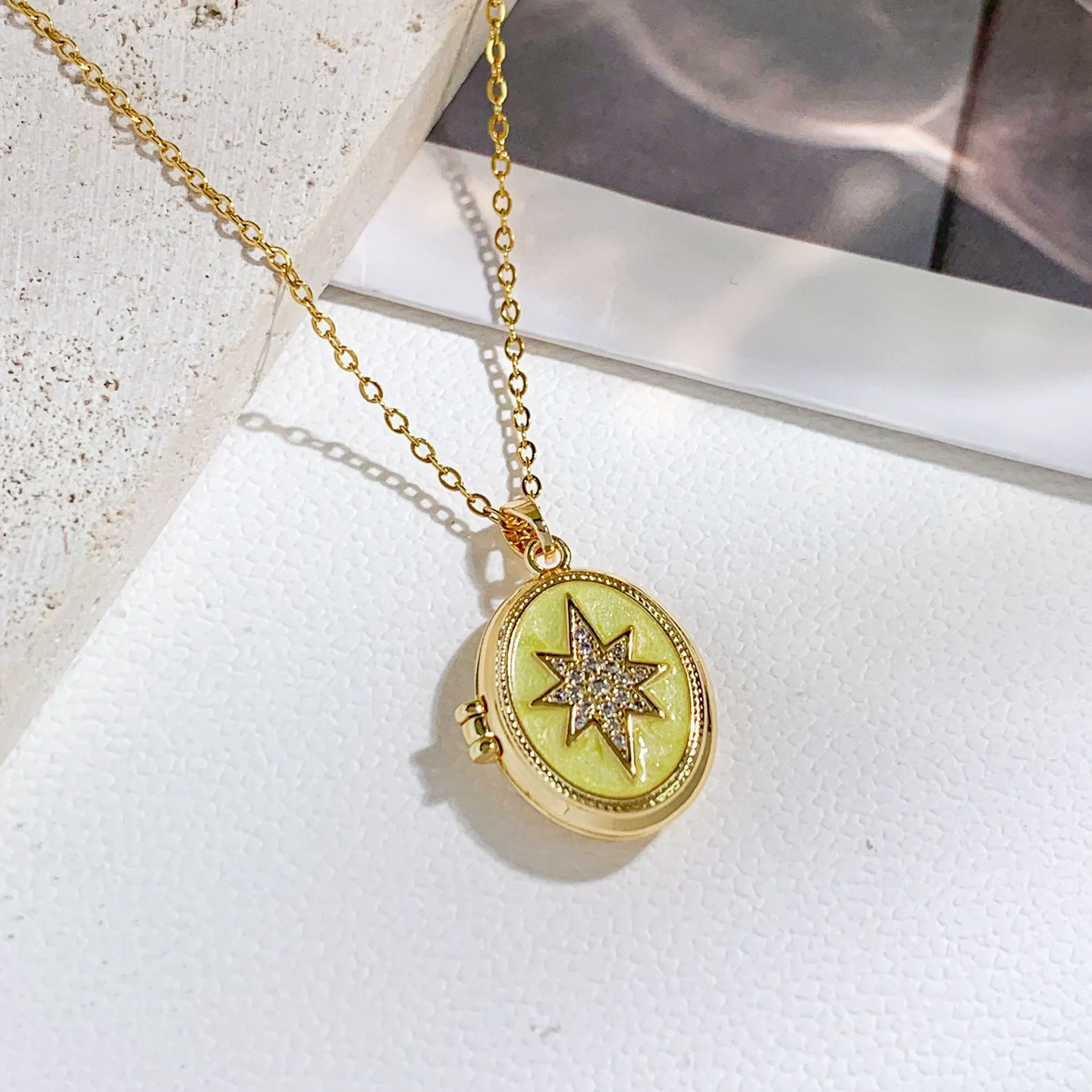 Women's Titanium Steel And Copper Photo Box Necklace With Oval Oil Drop Shape Cross Chain Real Gold Plated Enhanced Color Retention Sweet And Geometric Style - Image 14