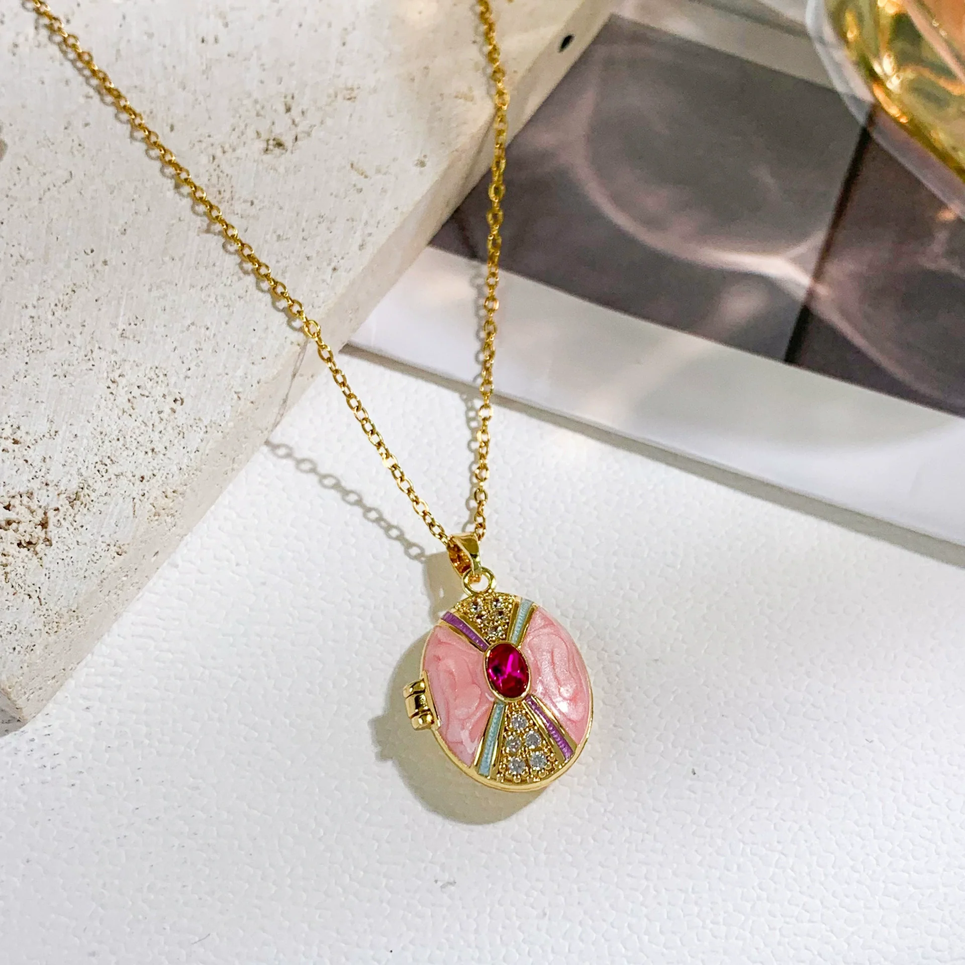Women's Titanium Steel And Copper Photo Box Necklace With Oval Oil Drop Shape Cross Chain Real Gold Plated Enhanced Color Retention Sweet And Geometric Style - Image 2