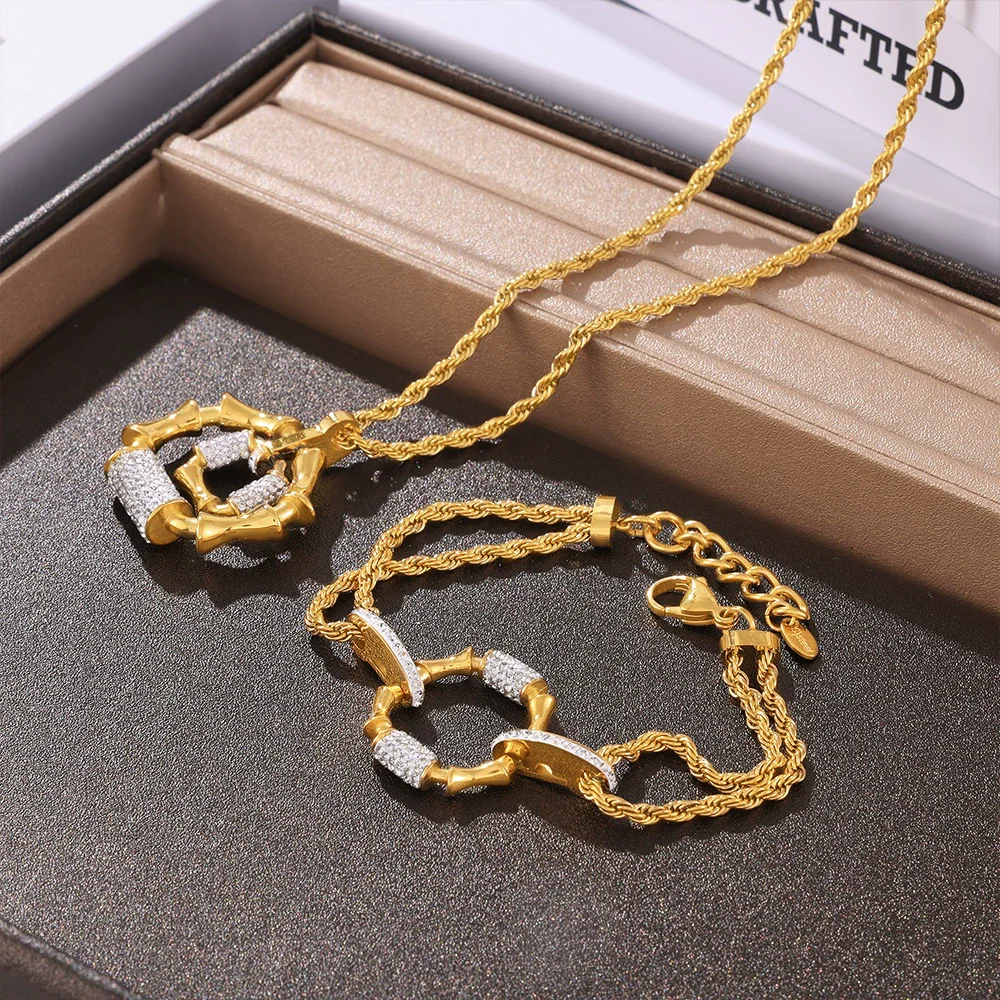 Women's Titanium Steel Diamond Pendant Twist Woven Chain Necklace Jewelry Set With Pillar Stitching And Gold Plated Electroplating
