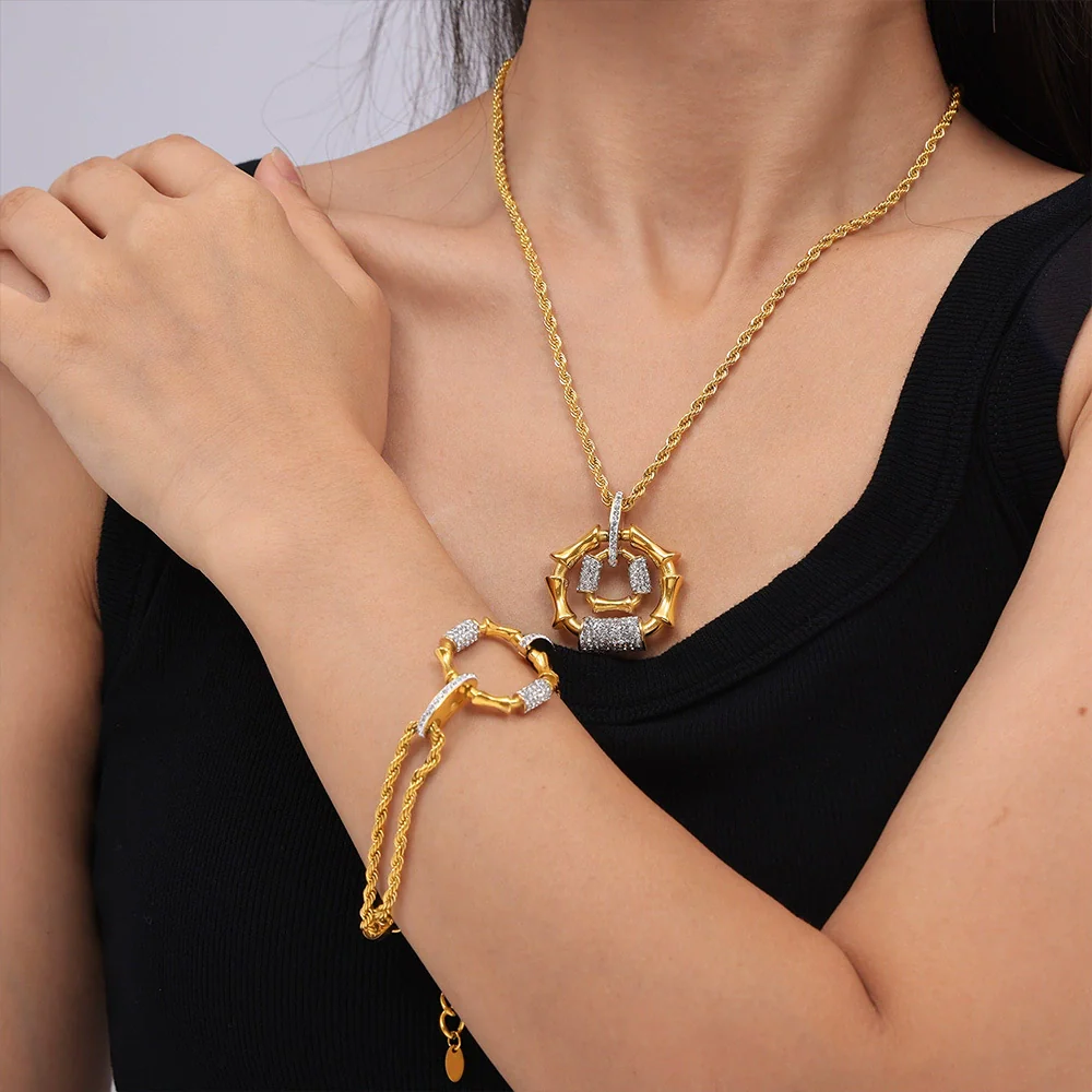 Women's Titanium Steel Diamond Pendant Twist Woven Chain Necklace Jewelry Set With Pillar Stitching And Gold Plated Electroplating - Image 2