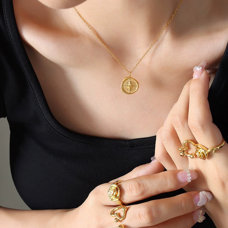 Women's Titanium Steel Electroplated Geometric Round Compass Necklace - Image 2