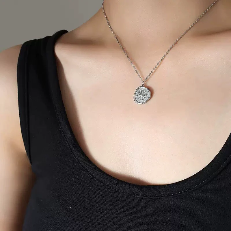 Women's Titanium Steel Electroplated Geometric Round Compass Necklace - Image 6