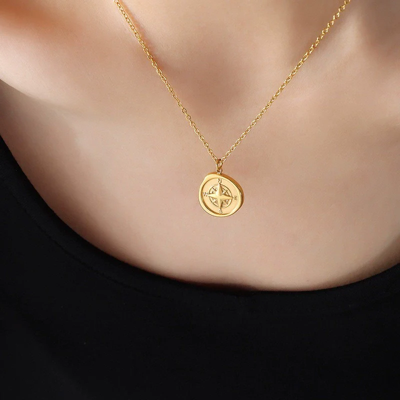Women's Titanium Steel Electroplated Geometric Round Compass Necklace - Image 7