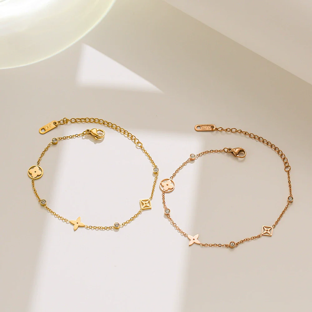 Women's Titanium Steel Fourleaf Clover Bracelet With Electroplating And Letters Numbers Text Design - Image 4
