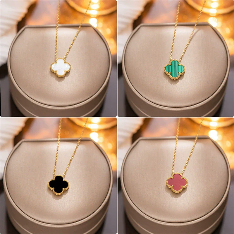 Women's Titanium Steel Geometric Doublesided Fourleaf Clover Necklace With O Word Chain Electroplated