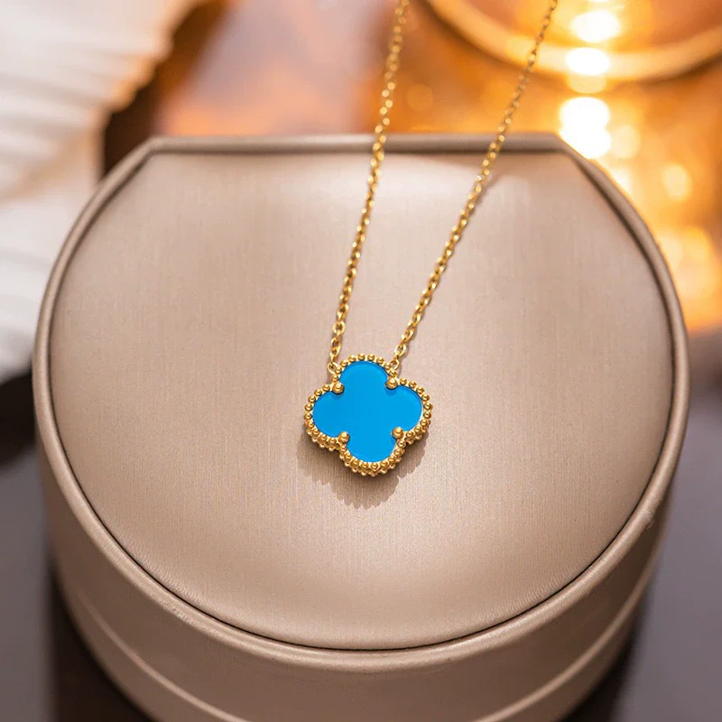 Women's Titanium Steel Geometric Doublesided Fourleaf Clover Necklace With O Word Chain Electroplated - Image 10