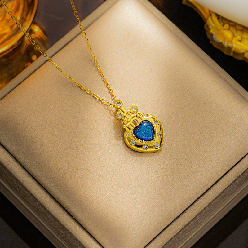 Women's Titanium Steel Heart Castle Necklace Geometric Style Mixed Gem Inlay Electroplating - Image 2