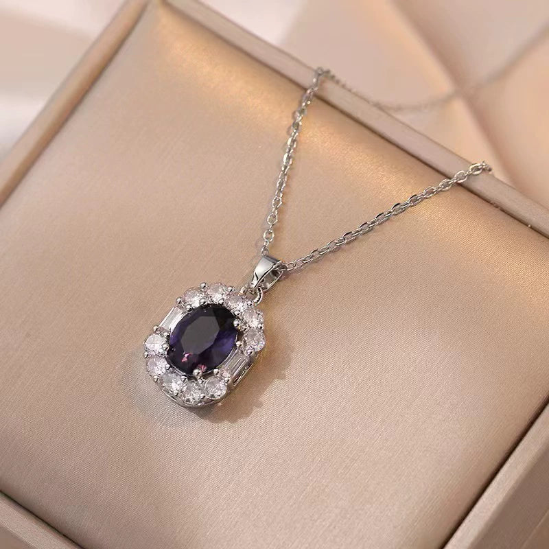 Women's Titanium Steel Jewelry Set With Electroplated Geometric Mixed Gemstone Inlaid Necklace Earrings And Ring - Image 3