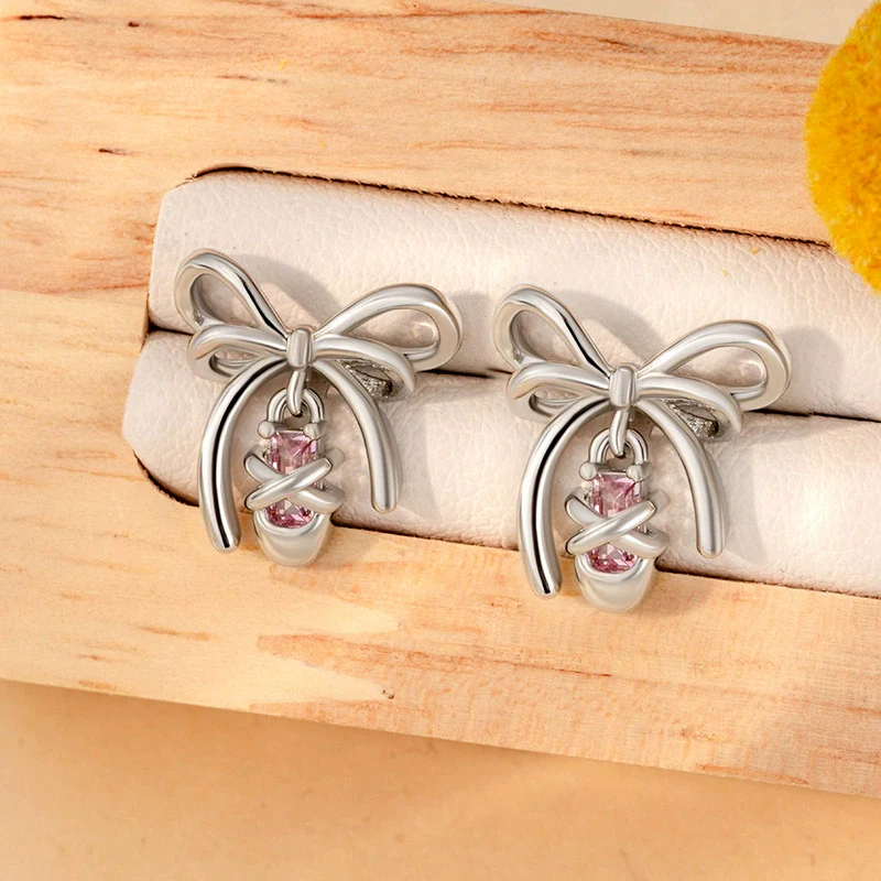Women's Titanium Steel Microinlaid Zircon Bowknot Earrings - Image 3