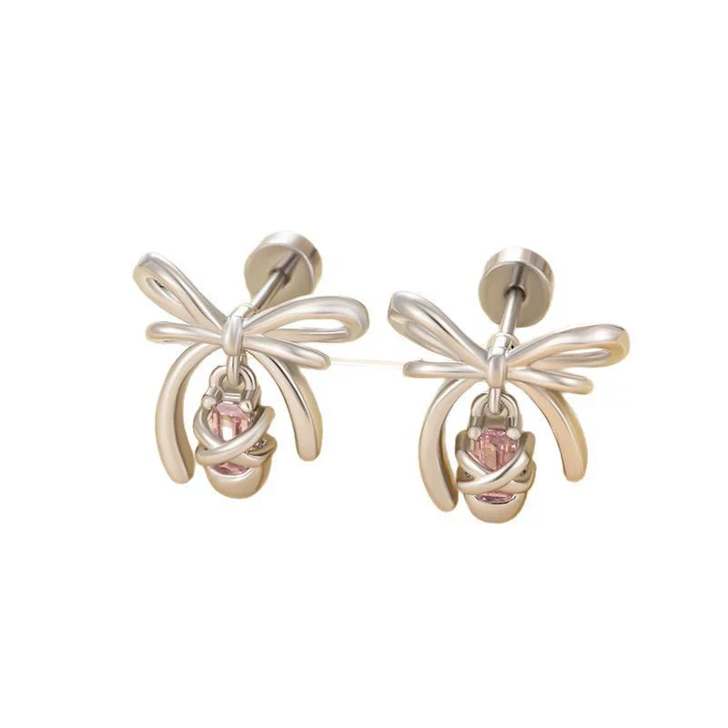 Women's Titanium Steel Microinlaid Zircon Bowknot Earrings - Image 4