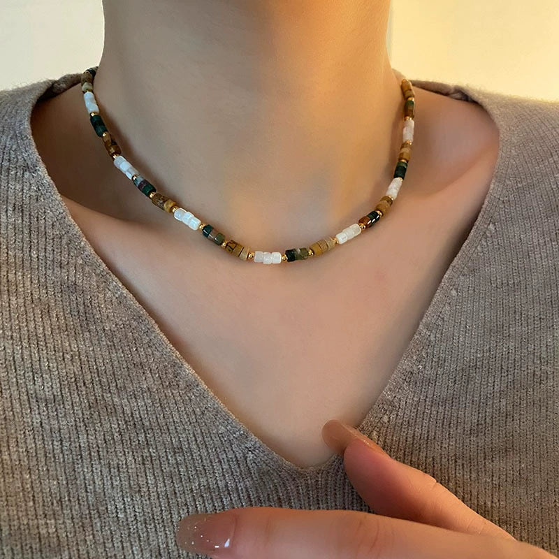 Women's Titanium Steel Natural Stone Beaded Handmade Geometric Retro Light Luxury Style Necklace - Image 4