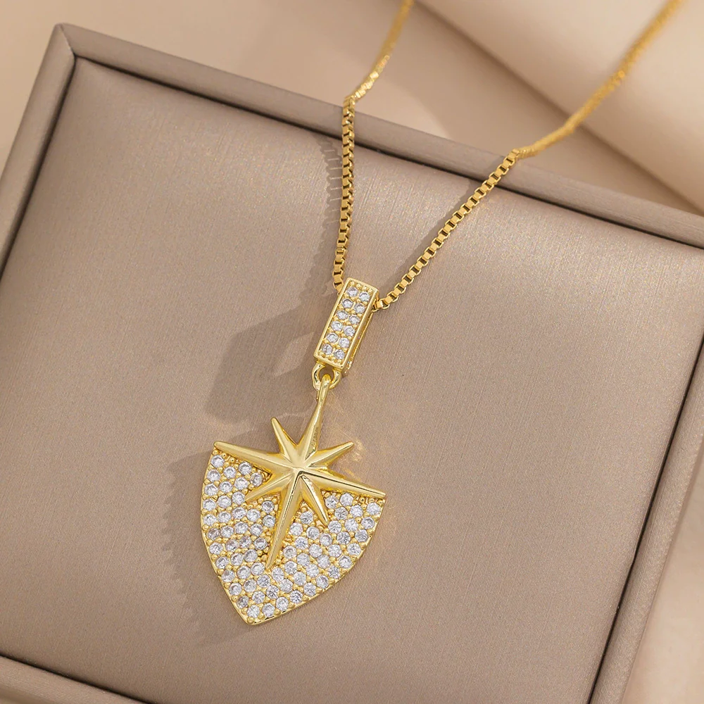 Women's Titanium Steel Necklace With Shield Love Design And Diamond Treatment Box Chain Style - Image 2