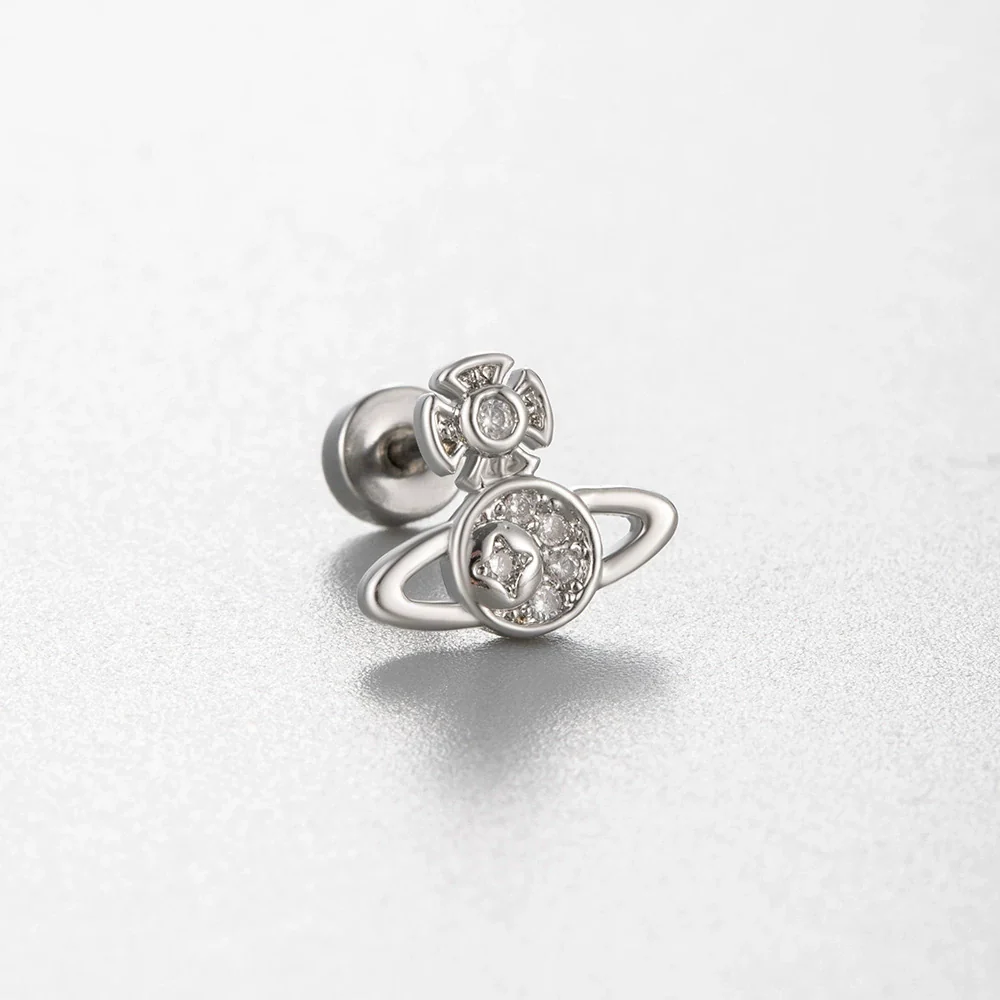Women's Titanium Steel Princess Style Earrings With Inlaid Zircon Bow Kitten Saturn Crown Shapes - Image 4