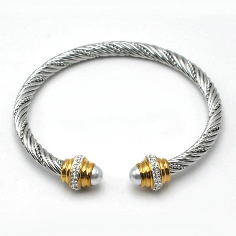 Women's Trendy Titanium Steel And Stainless Steel Cshaped Elastic Twist Wire Rope Bracelet Set With Diamonds - Image 3