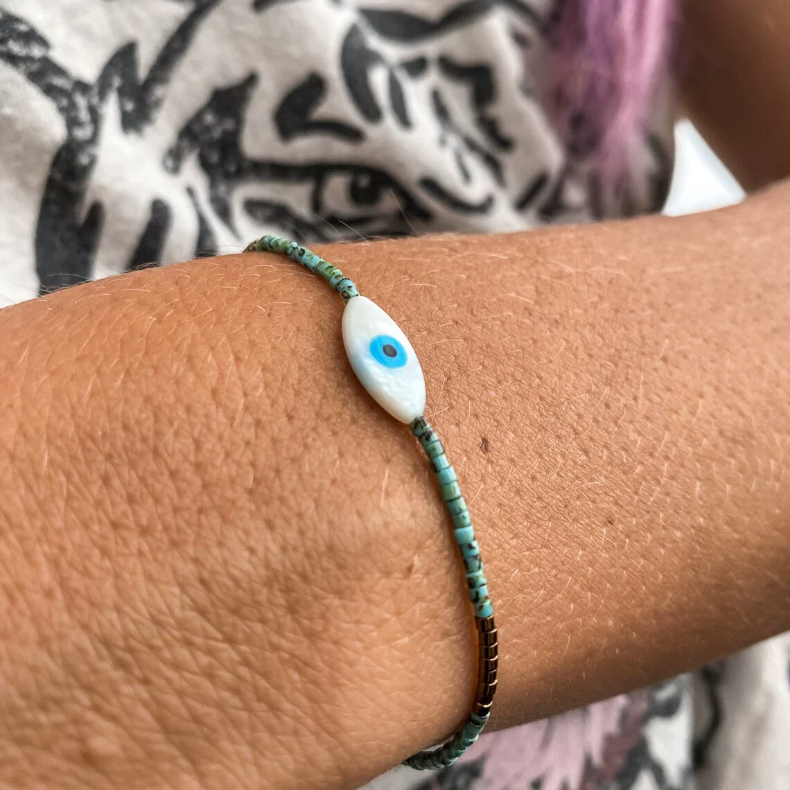 Women's Vintage Handwoven Glass And Glaze Beaded Bracelet With Geometric Pattern - Image 3