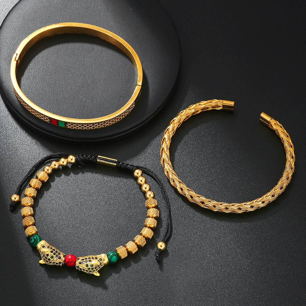 Woven Stainless Steel Copper Stone Geometric Leopard Head Electroplated Unisex Bracelet - Image 2