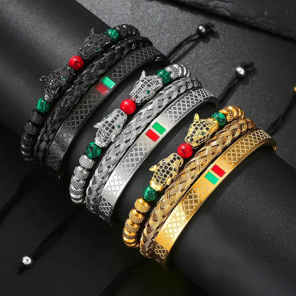 Woven Stainless Steel Copper Stone Geometric Leopard Head Electroplated Unisex Bracelet - Image 3