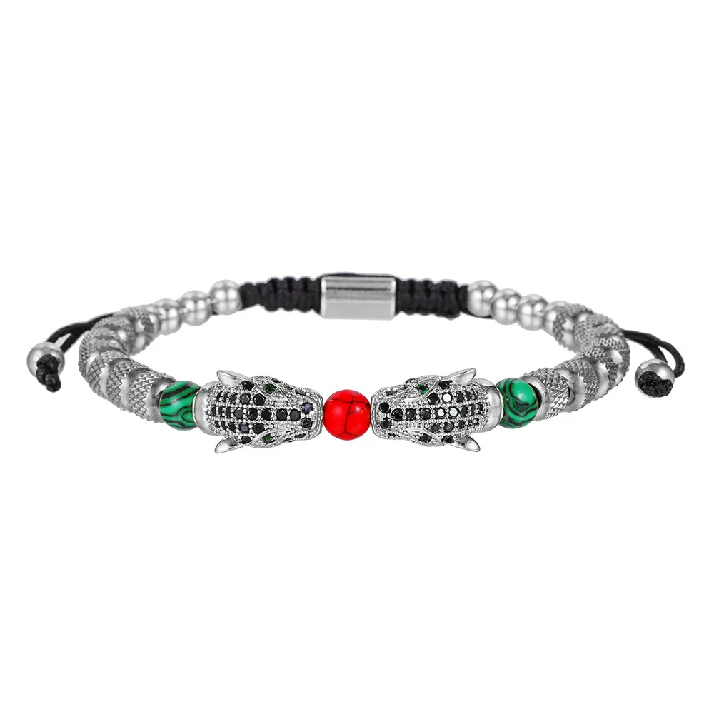 Woven Stainless Steel Copper Stone Geometric Leopard Head Electroplated Unisex Bracelet - Image 6