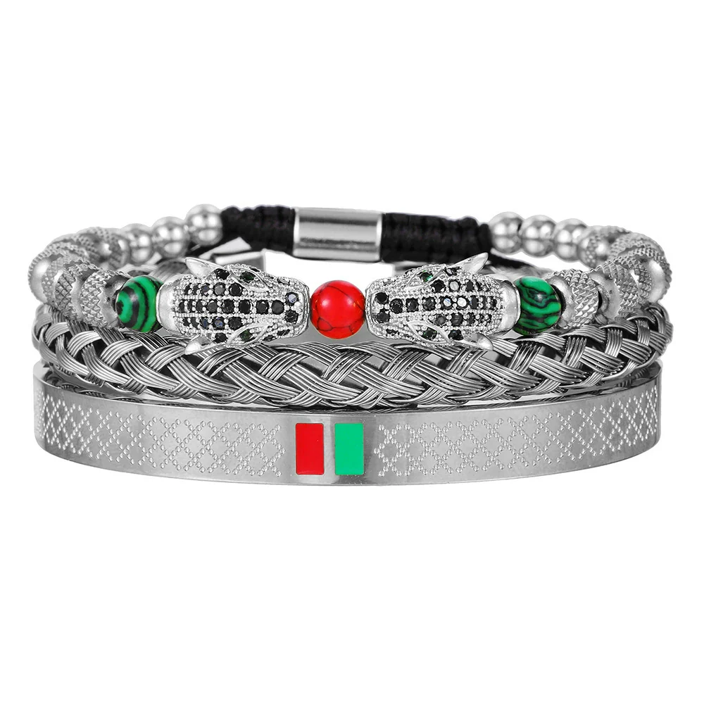 Woven Stainless Steel Copper Stone Geometric Leopard Head Electroplated Unisex Bracelet - Image 8