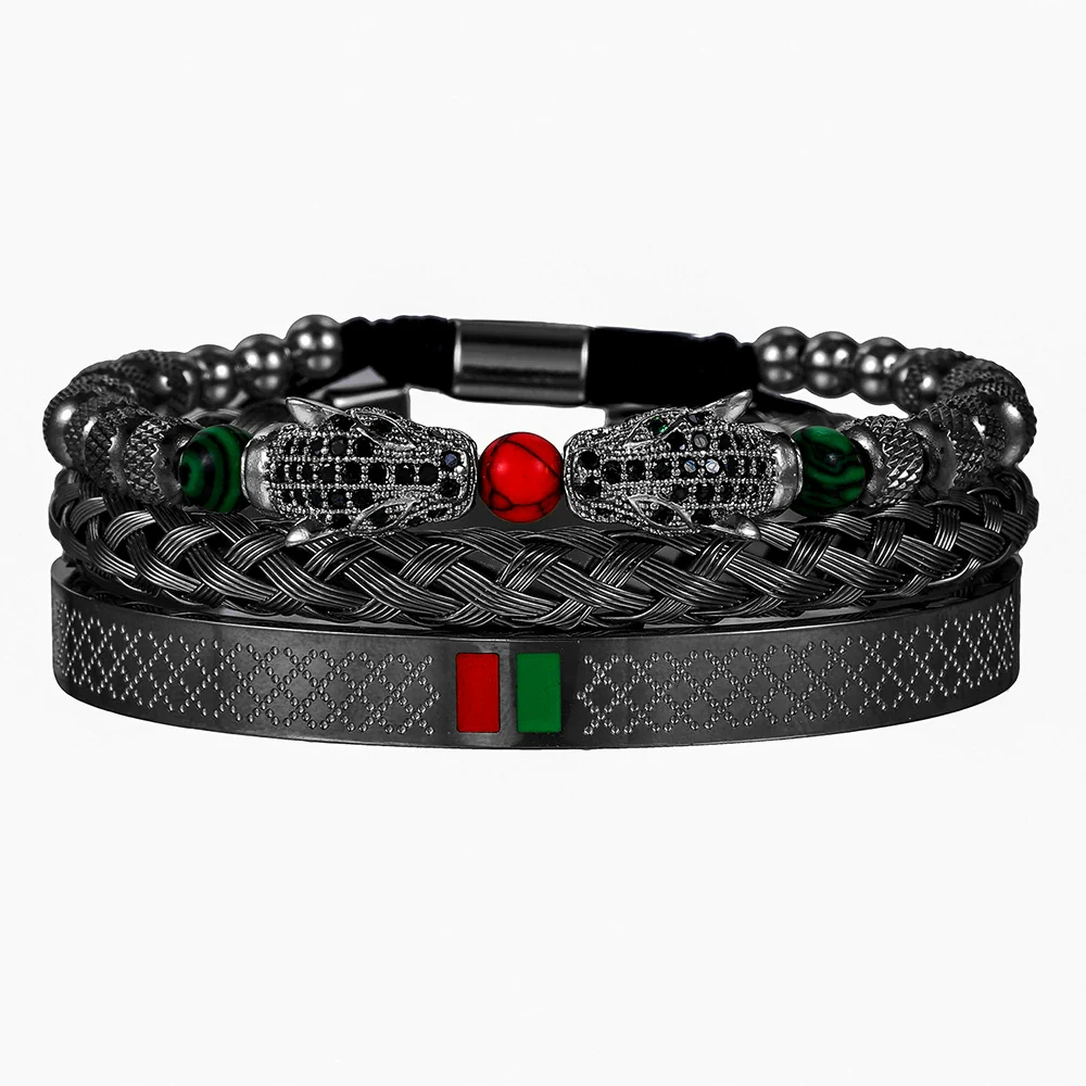 Woven Stainless Steel Copper Stone Geometric Leopard Head Electroplated Unisex Bracelet - Image 9